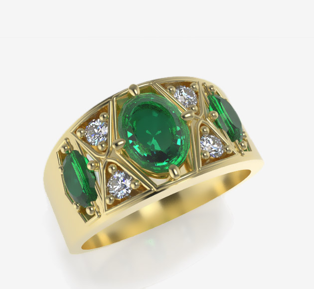 wide ring emerald and diampnds art deco ring design