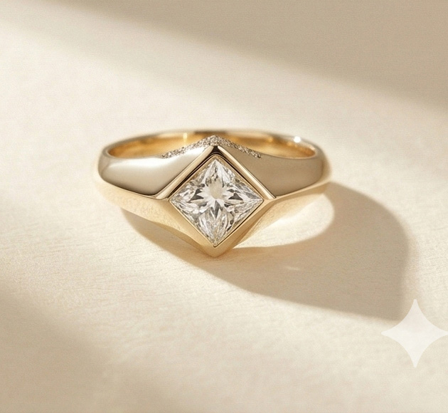 "הקיסרית"  טבעת חותם יהלום פרינסס 1.2 קראט מזהב צהוב 14K