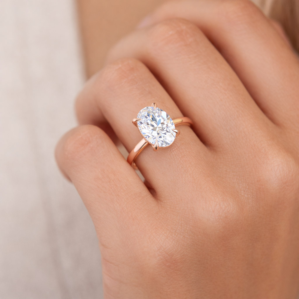 טבעת אירוסין זהב ורוד 14K עם יהלום אובל 2 קארט