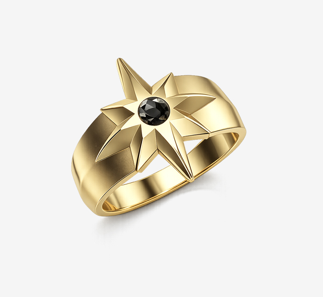 טבעת כוכב מזהב צהוב ויהלום שחור 